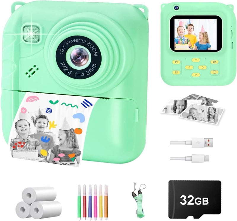 QDH Instant Print Camera for Kids, 1080P Video Camera with 3 Print Rolls, 32GB Card & Cute Cover, Gift for Girls Boys Age 3-12, Toddler Digital Camera with Games, Filters, Music – Green - Image 1